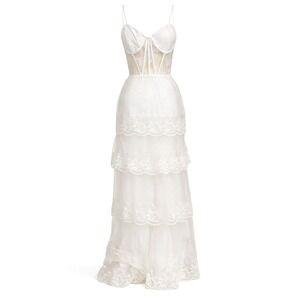 Lulus Lace Sequin Tiered Sleeveless Bridal Gown Embellished Corset Ivory White L